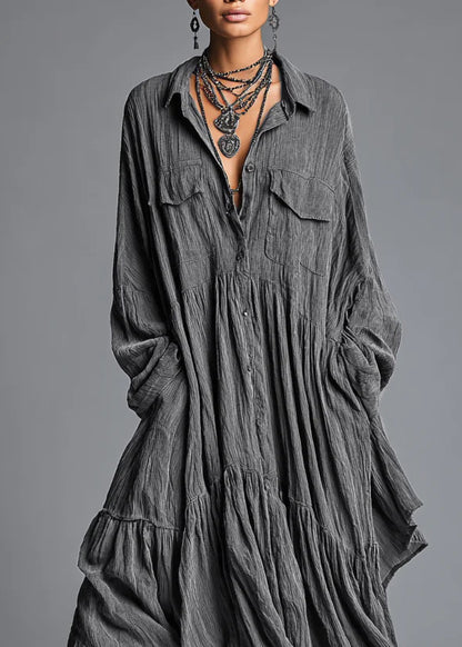 Chic Grey Peter Pan Collar Wrinkled Patchwork Cotton Dress Long Sleeve