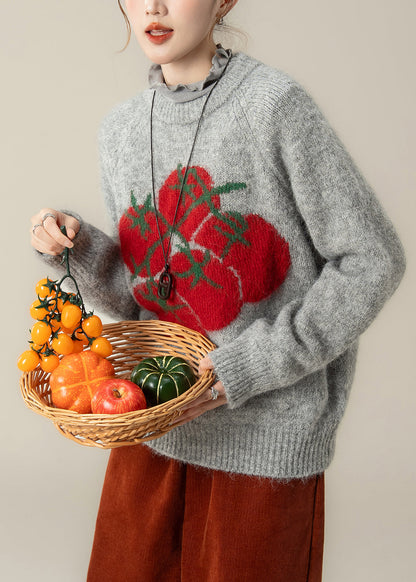 Chic Grey Print Chunky Oversized Knitted Tops Winter