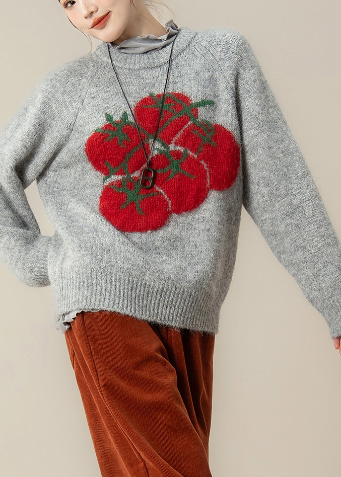 Chic Grey Print Chunky Oversized Knitted Tops Winter