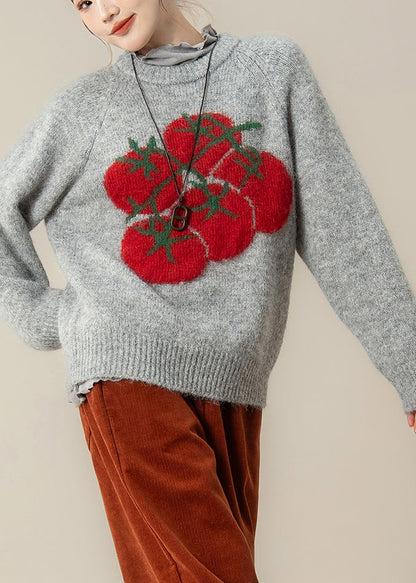 Chic Grey Print Chunky Oversized Knitted Tops Winter