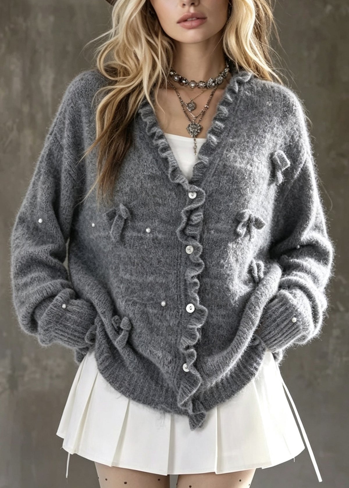 Chic Grey Ruffled Bow Nail Bead Patchwork Knit Cardigans Fall