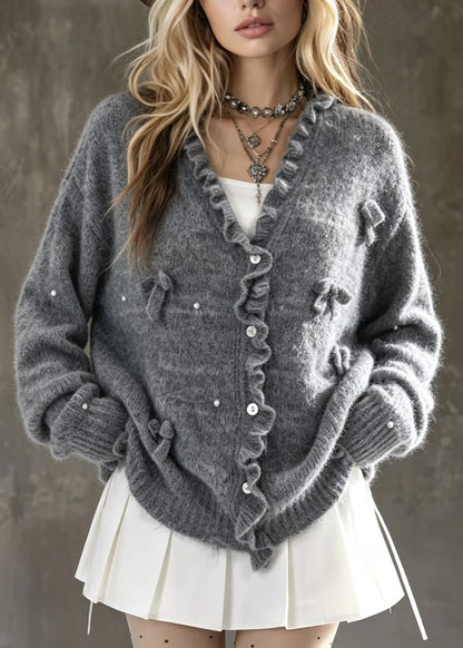 Chic Grey Ruffled Bow Nail Bead Patchwork Knit Cardigans Fall