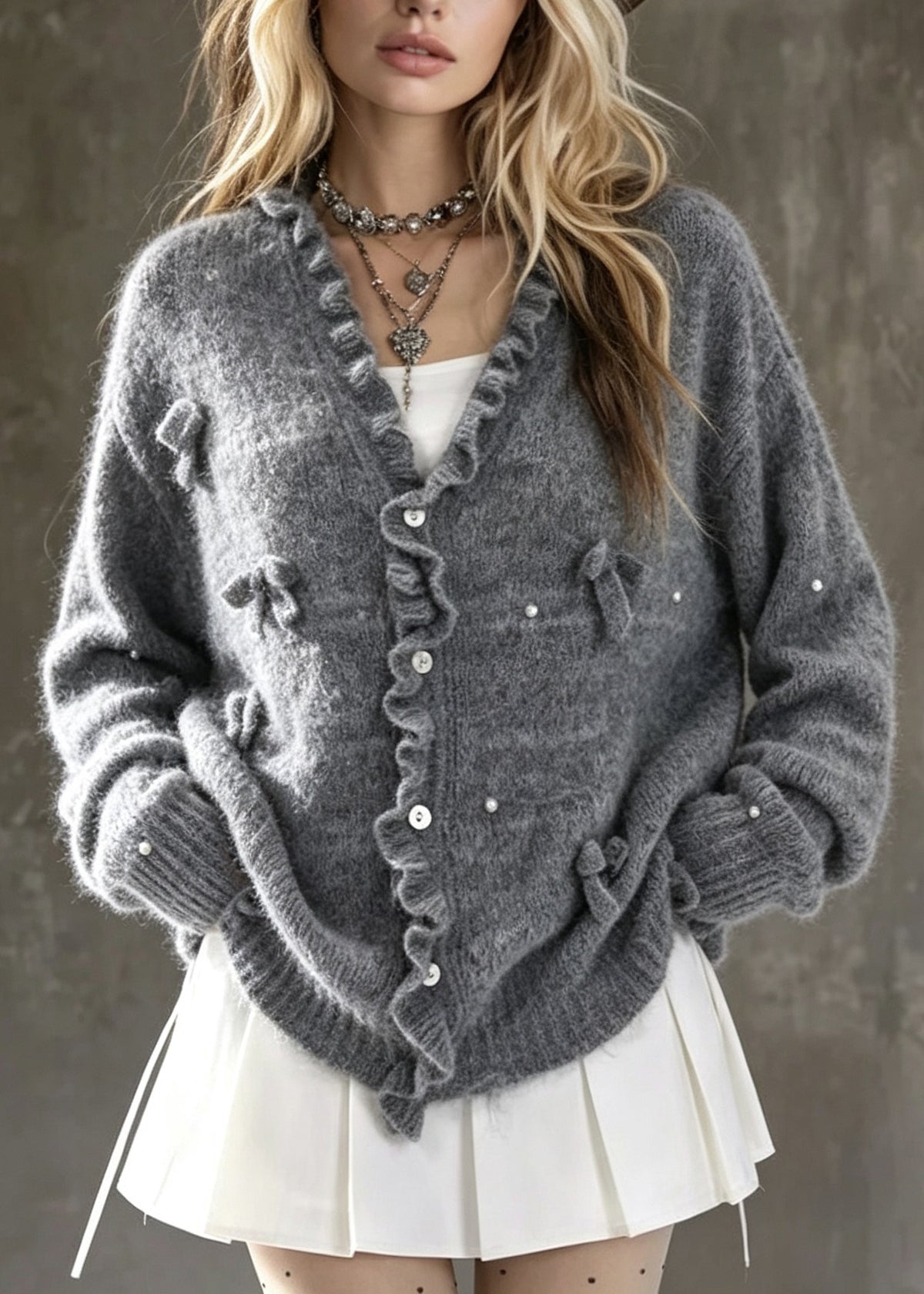 Chic Grey Ruffled Bow Nail Bead Patchwork Knit Cardigans Fall