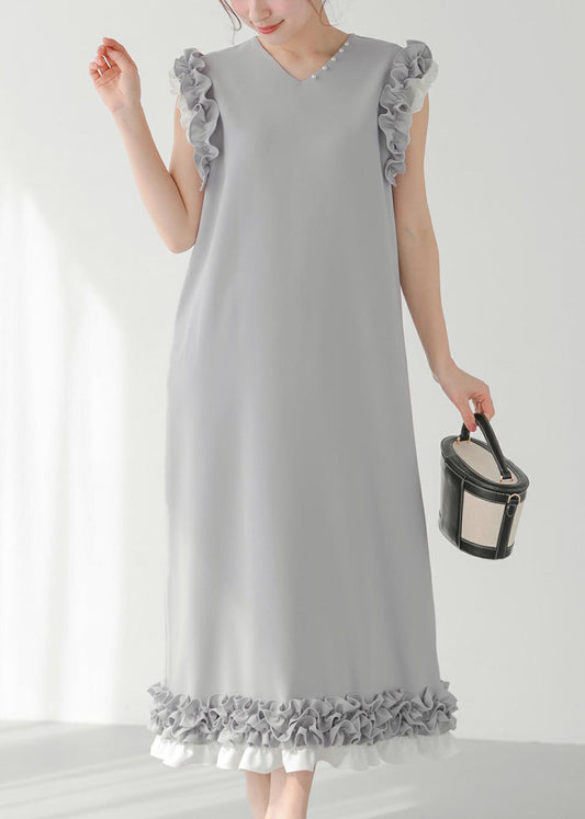 Chic Grey Ruffled Patchwork Pearl Decorated Straight Dress Sleeveless