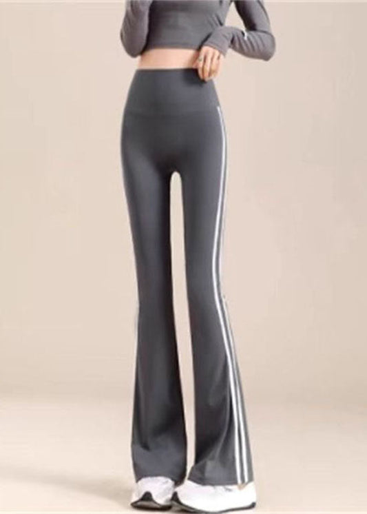Chic Grey Striped High Waist Flare Yoga Pants
