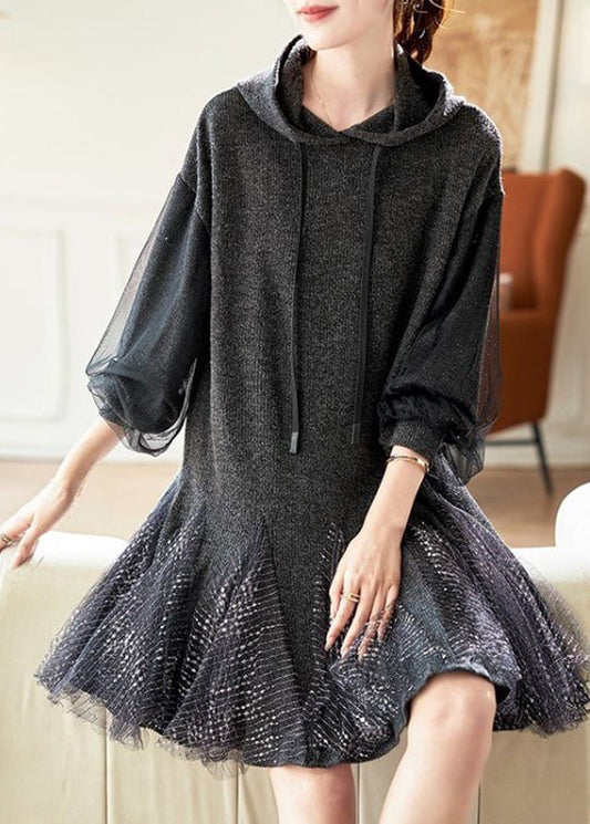 Chic Grey Tie Lace Tulle Patchwork Hooded Mid Dress Spring