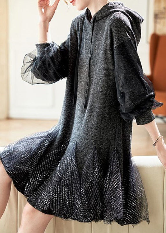 Chic Grey Tie Lace Tulle Patchwork Hooded Mid Dress Spring