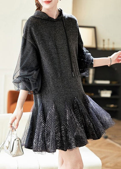 Chic Grey Tie Lace Tulle Patchwork Hooded Mid Dress Spring