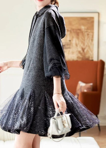 Chic Grey Tie Lace Tulle Patchwork Hooded Mid Dress Spring
