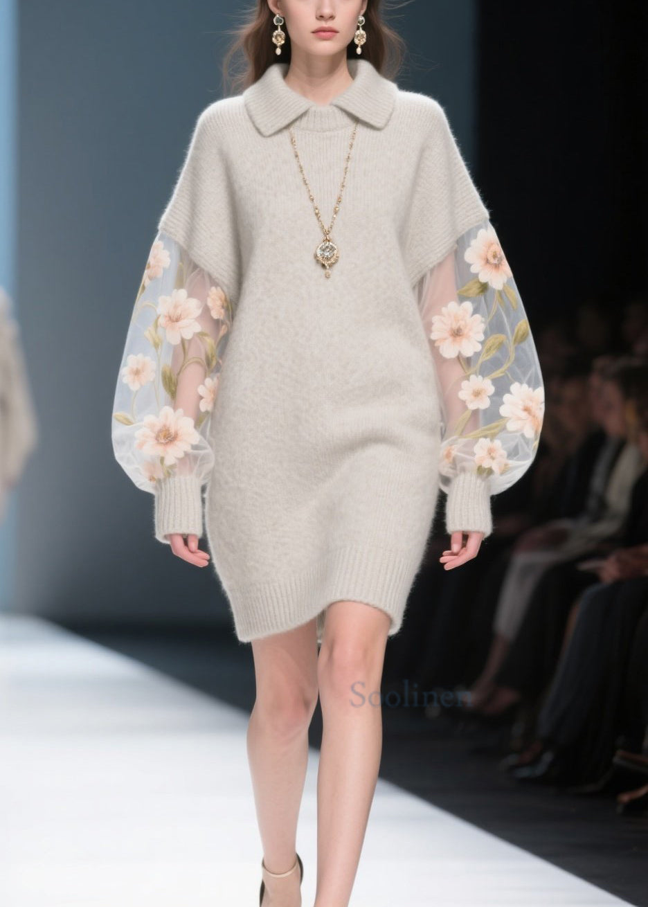 Chic Grey Tulle Floral Patchwork Knit Sweater Dress Winter