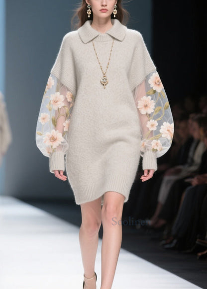 Chic Grey Tulle Floral Patchwork Knit Sweater Dress Winter