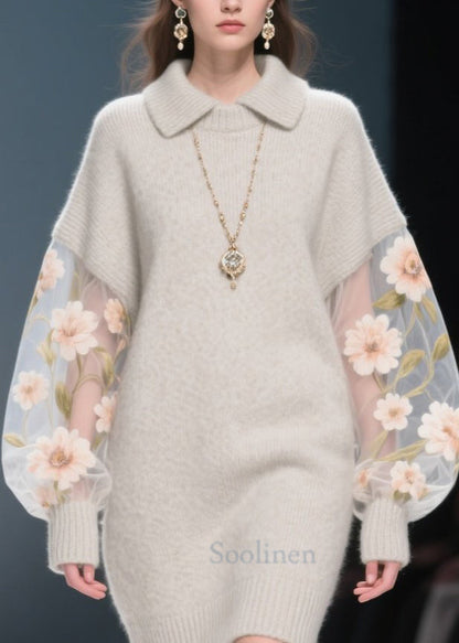 Chic Grey Tulle Floral Patchwork Knit Sweater Dress Winter