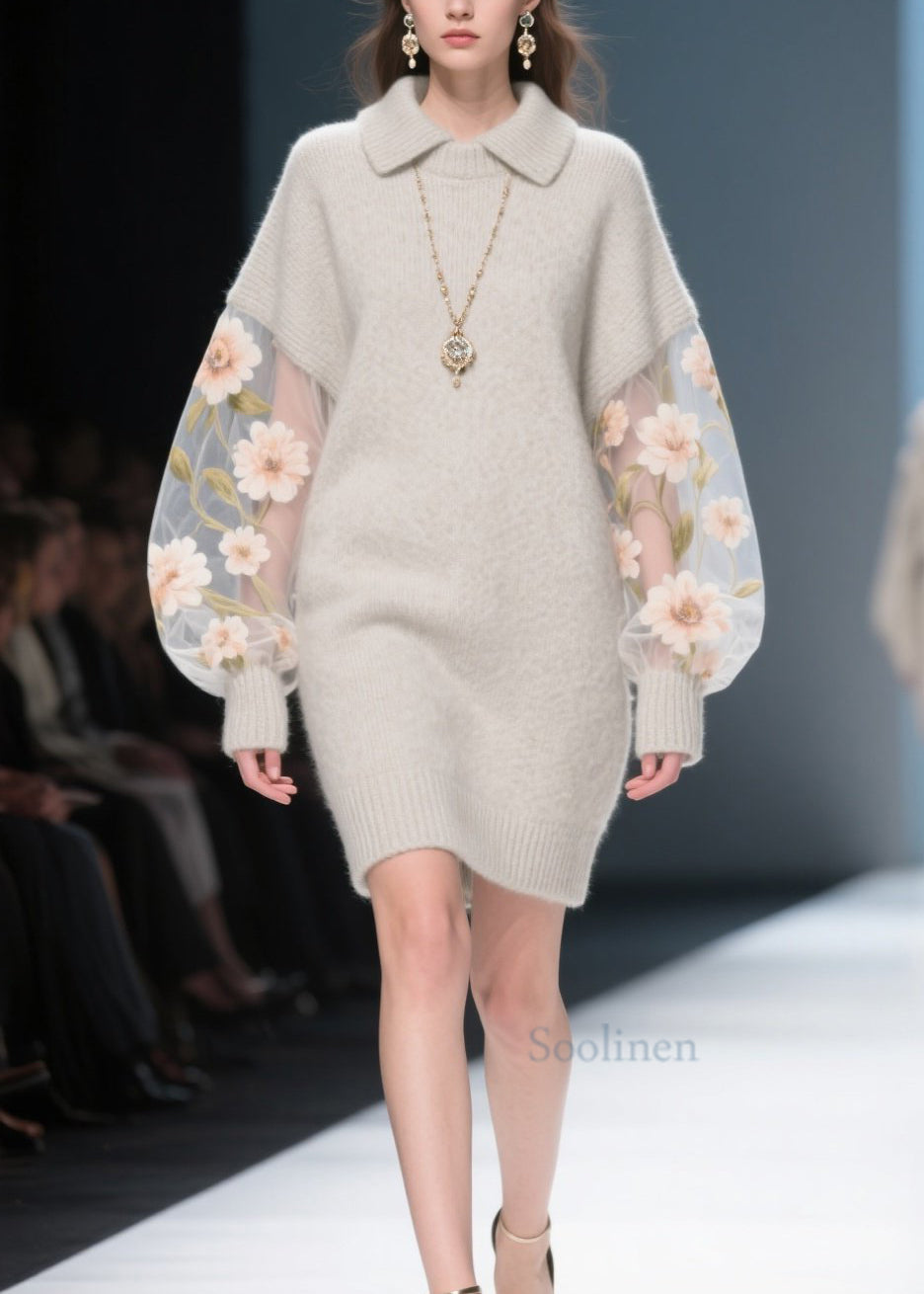 Chic Grey Tulle Floral Patchwork Knit Sweater Dress Winter