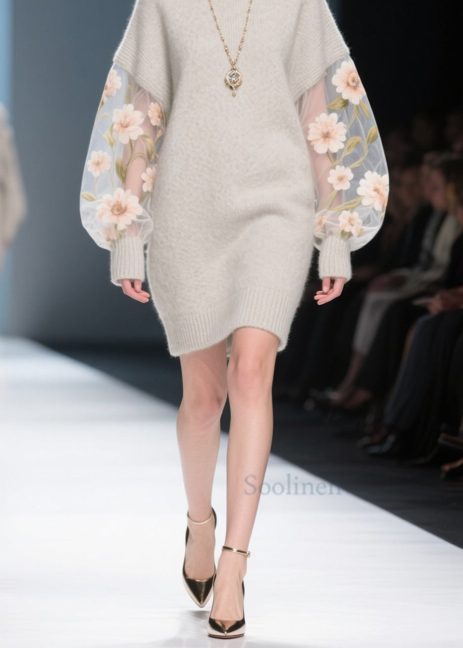 Chic Grey Tulle Floral Patchwork Knit Sweater Dress Winter