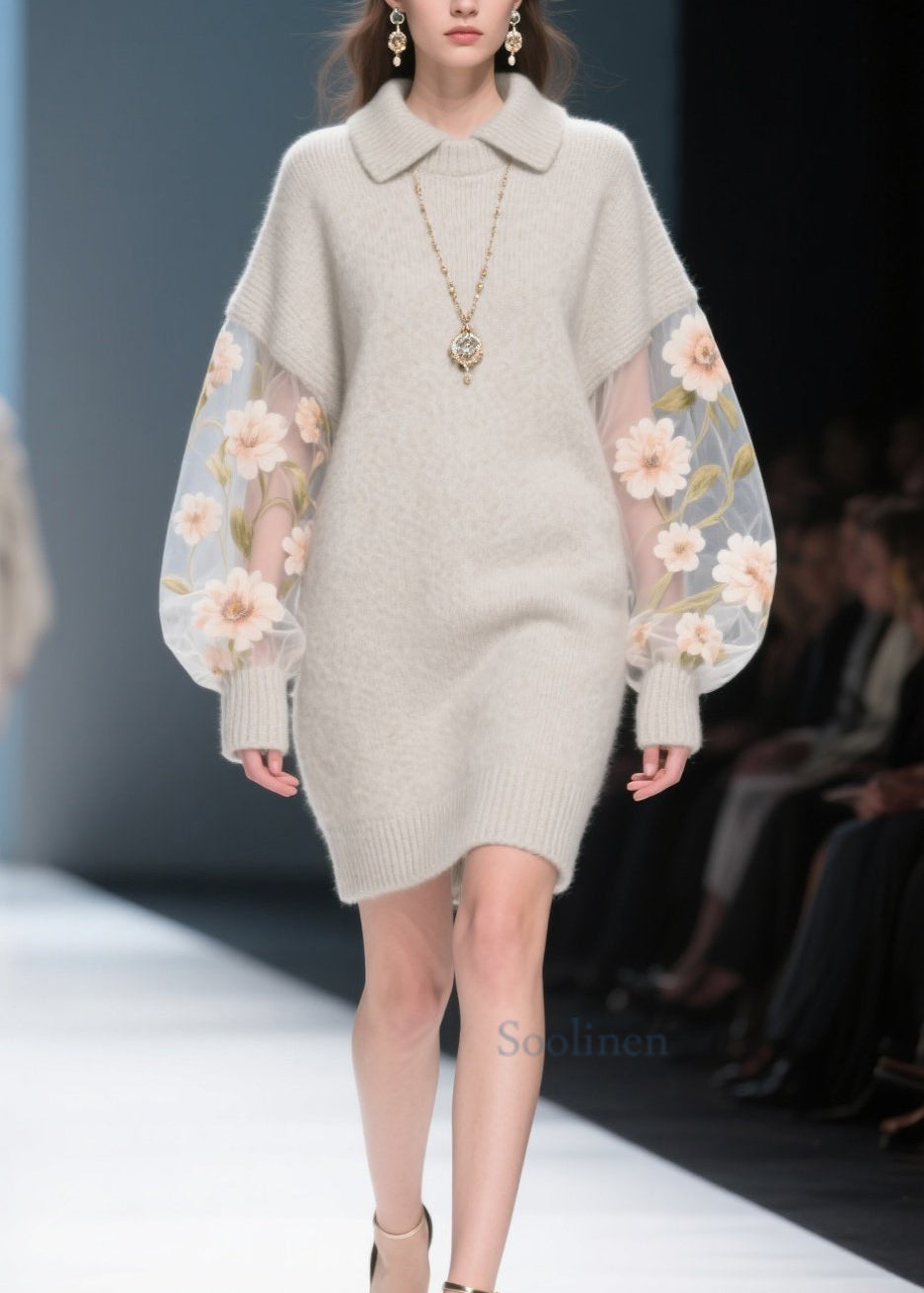 Chic Grey Tulle Floral Patchwork Knit Sweater Dress Winter