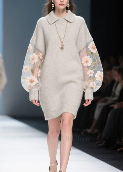 Chic Grey Tulle Floral Patchwork Knit Sweater Dress Winter