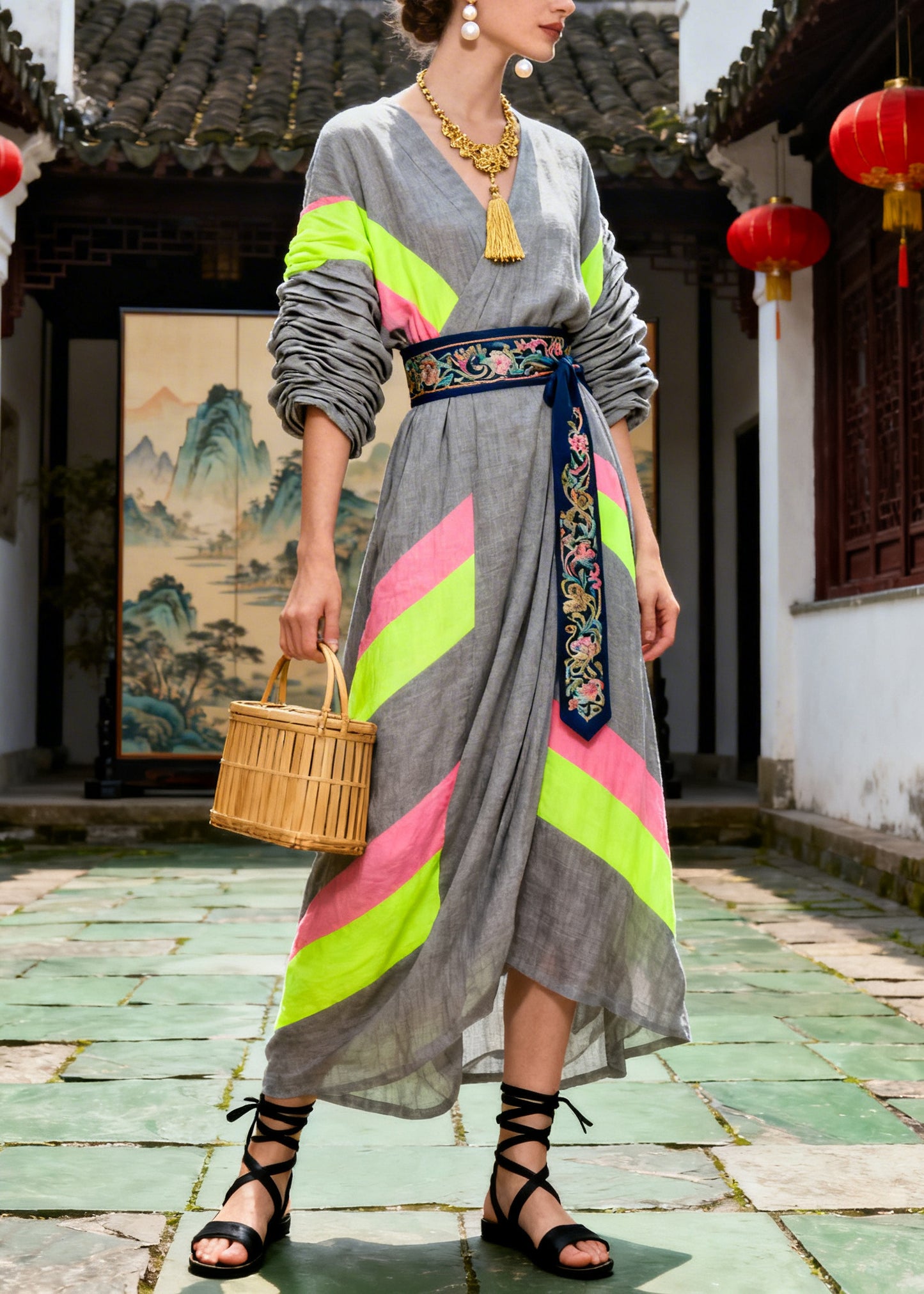 Chic Grey Tunic Patchwork Cotton Long Dresses Summer
