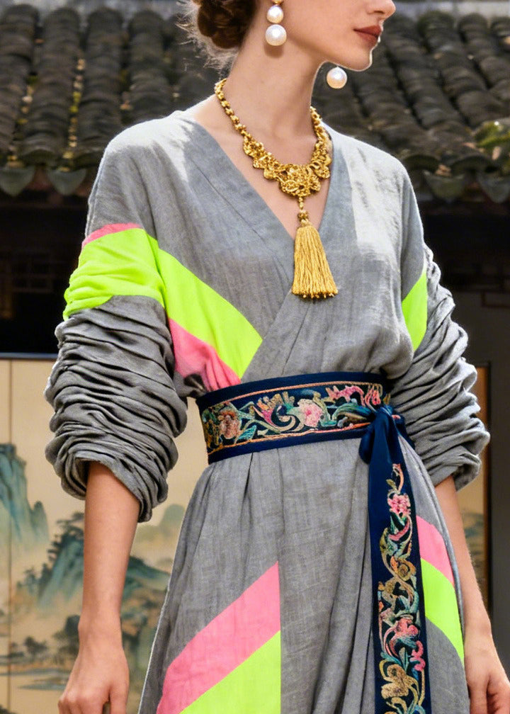 Chic Grey Tunic Patchwork Cotton Long Dresses Summer