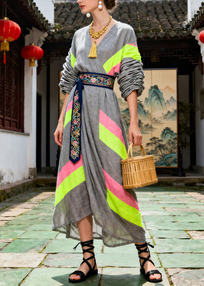 Chic Grey Tunic Patchwork Cotton Long Dresses Summer