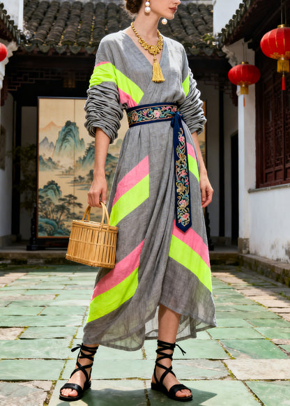 Chic Grey Tunic Patchwork Cotton Long Dresses Summer