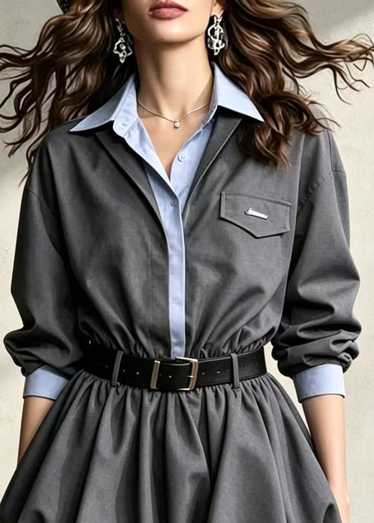 Chic Grey Turn-Down Collar Faux Two Piece Bubble Mini Dress Fall