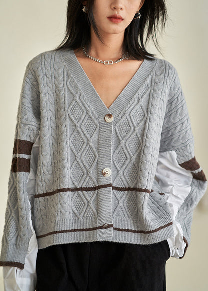 Chic Grey V Neck Button  Cotton Knit Top Fall