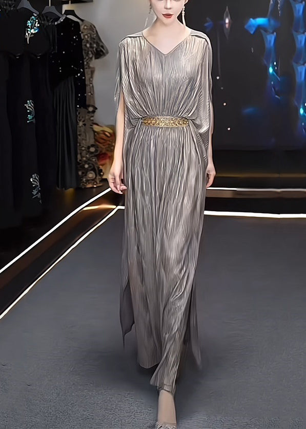 Chic Grey V Neck High Waist Silk Long Dresses Summer