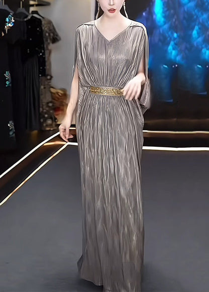 Chic Grey V Neck High Waist Silk Long Dresses Summer