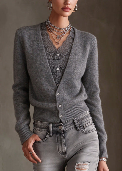 Chic Grey V Neck Lace Patchwork Cotton Knit Cardigans Long Sleeve