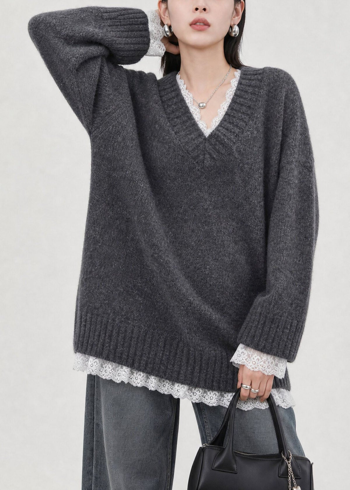 Chic Grey V Neck Lace Patchwork Knit Sweaters Top Fall