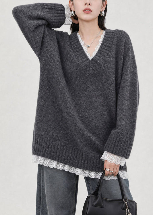 Chic Grey V Neck Lace Patchwork Knit Sweaters Top Fall