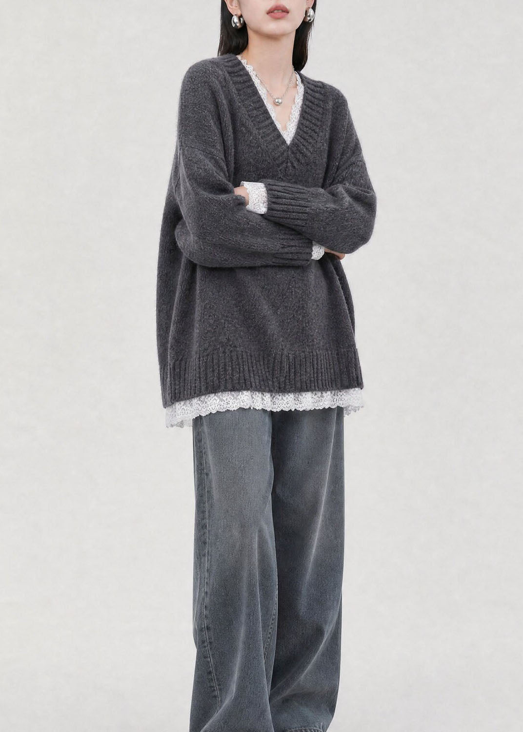 Chic Grey V Neck Lace Patchwork Knit Sweaters Top Fall