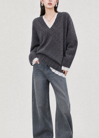 Chic Grey V Neck Lace Patchwork Knit Sweaters Top Fall