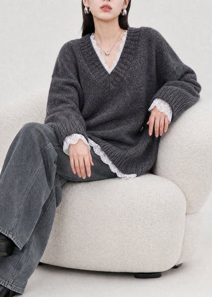 Chic Grey V Neck Lace Patchwork Knit Sweaters Top Fall