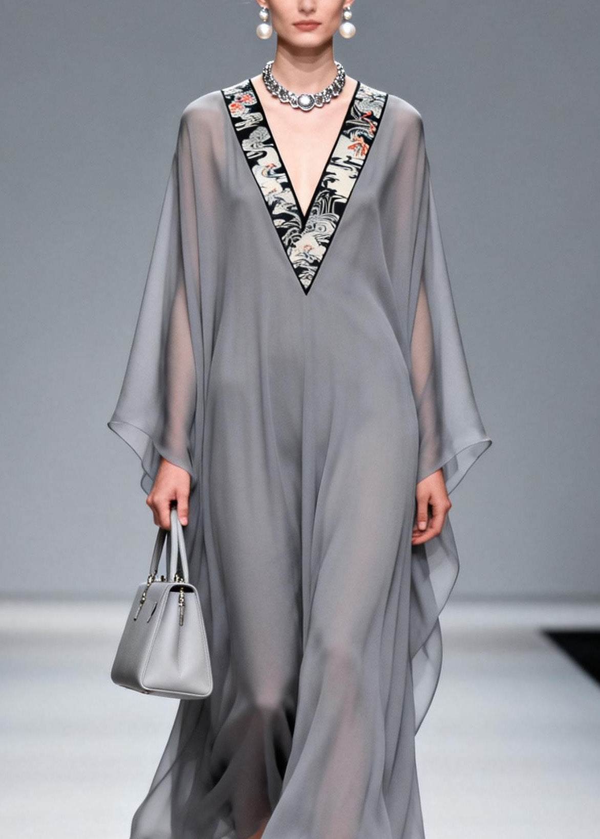 Chic Grey V Neck Patchwork Chiffon Long Dress Spring