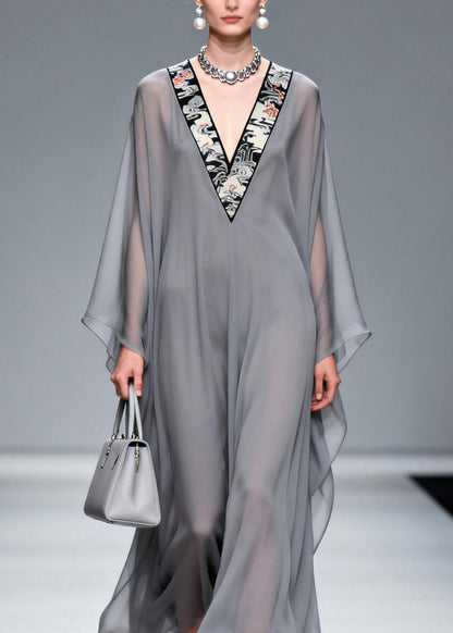 Chic Grey V Neck Patchwork Chiffon Long Dress Spring