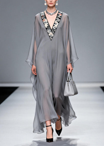 Chic Grey V Neck Patchwork Chiffon Long Dress Spring