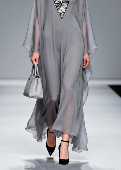 Chic Grey V Neck Patchwork Chiffon Long Dress Spring