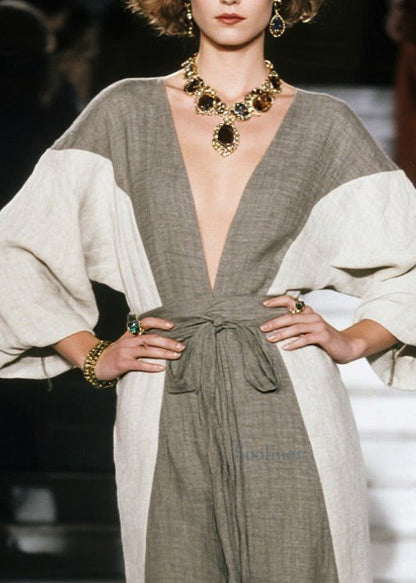 Chic Grey V Neck Patchwork Cotton Long Dress Summer