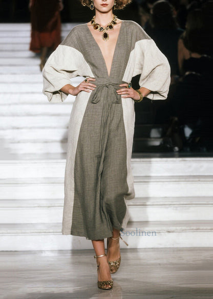 Chic Grey V Neck Patchwork Cotton Long Dress Summer