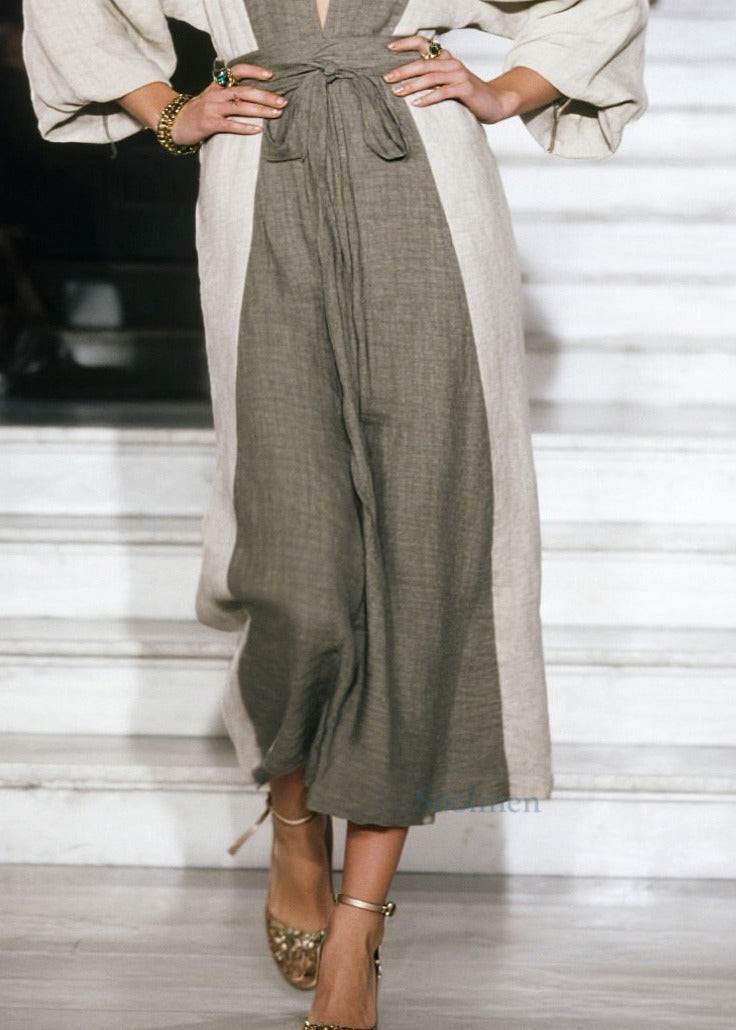 Chic Grey V Neck Patchwork Cotton Long Dress Summer