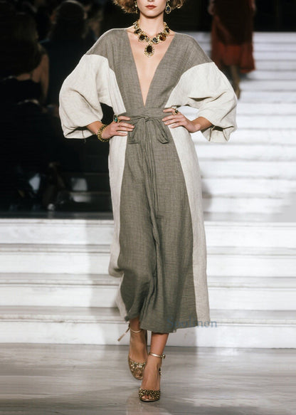 Chic Grey V Neck Patchwork Cotton Long Dress Summer