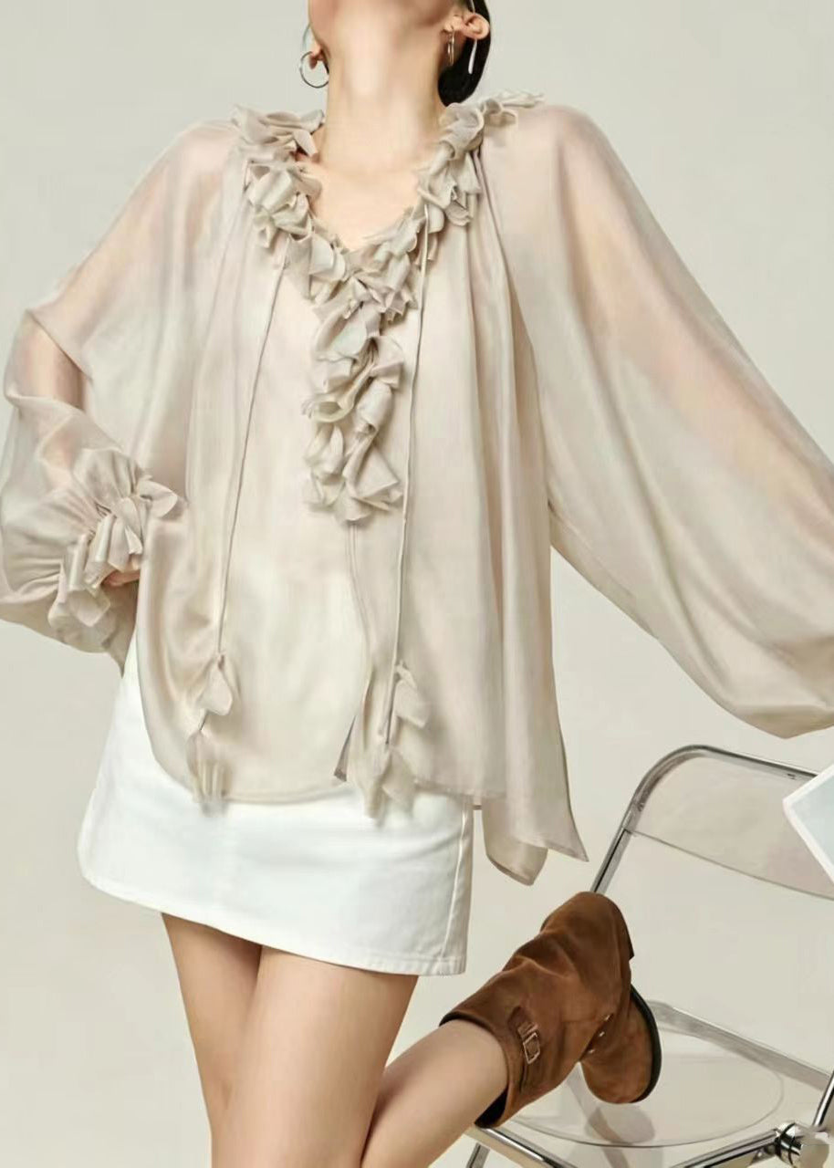 Chic Grey V Neck Petal Ruffle Oversized Top Lantern Sleeve