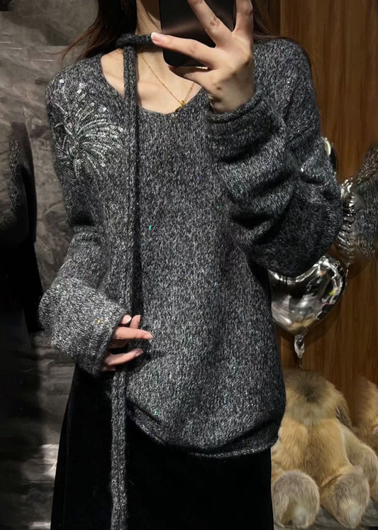 Chic Grey V Neck Sequins Cotton Knit Sweater Spring