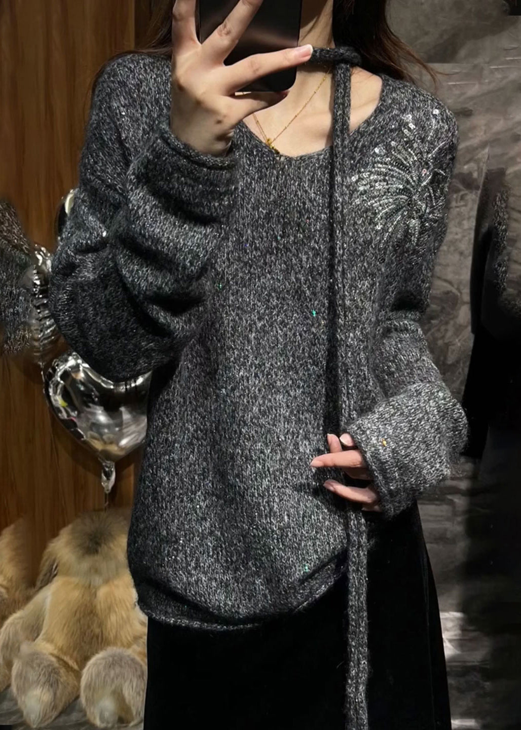 Chic Grey V Neck Sequins Cotton Knit Sweater Spring