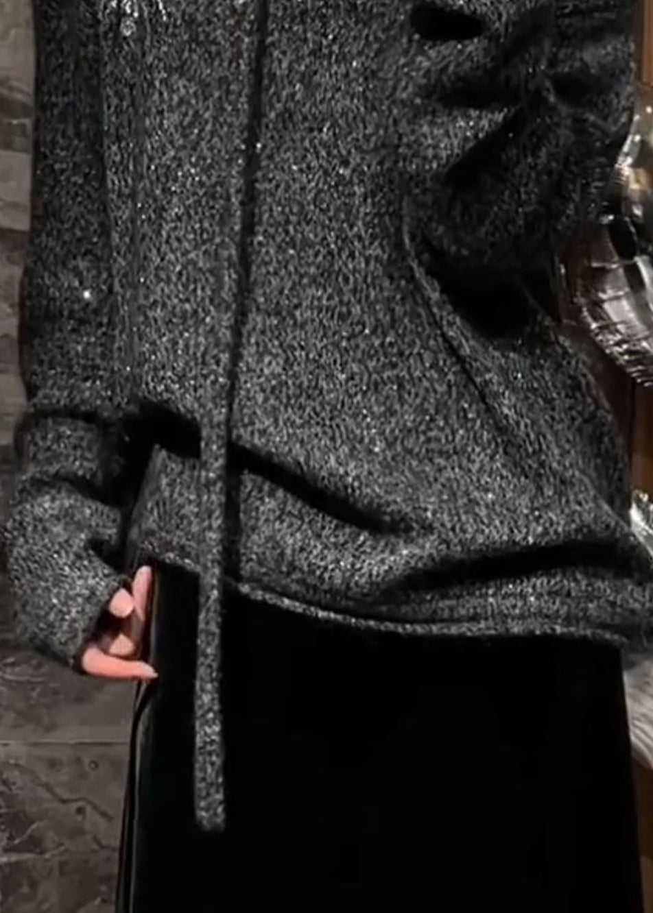 Chic Grey V Neck Sequins Cotton Knit Sweater Spring