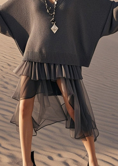 Chic Grey V Neck Tulle Wrinkled Patchwork Knit Sweater Dress Spring