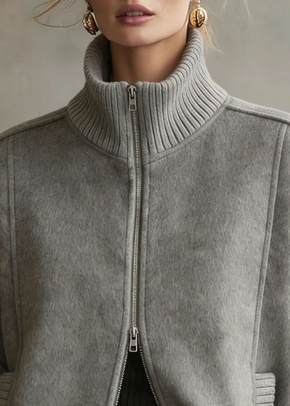 Chic Grey Zip Up Patchwork Woolen Coats Short Sleeve