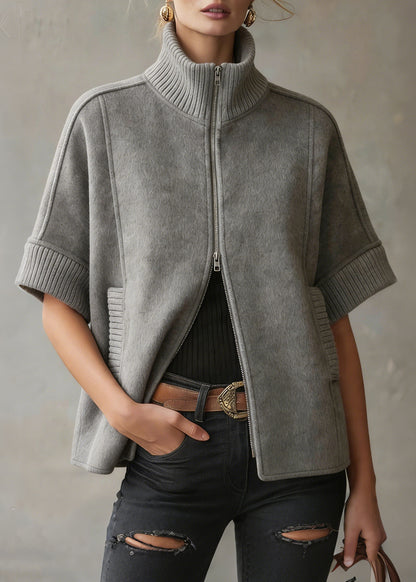 Chic Grey Zip Up Patchwork Woolen Coats Short Sleeve