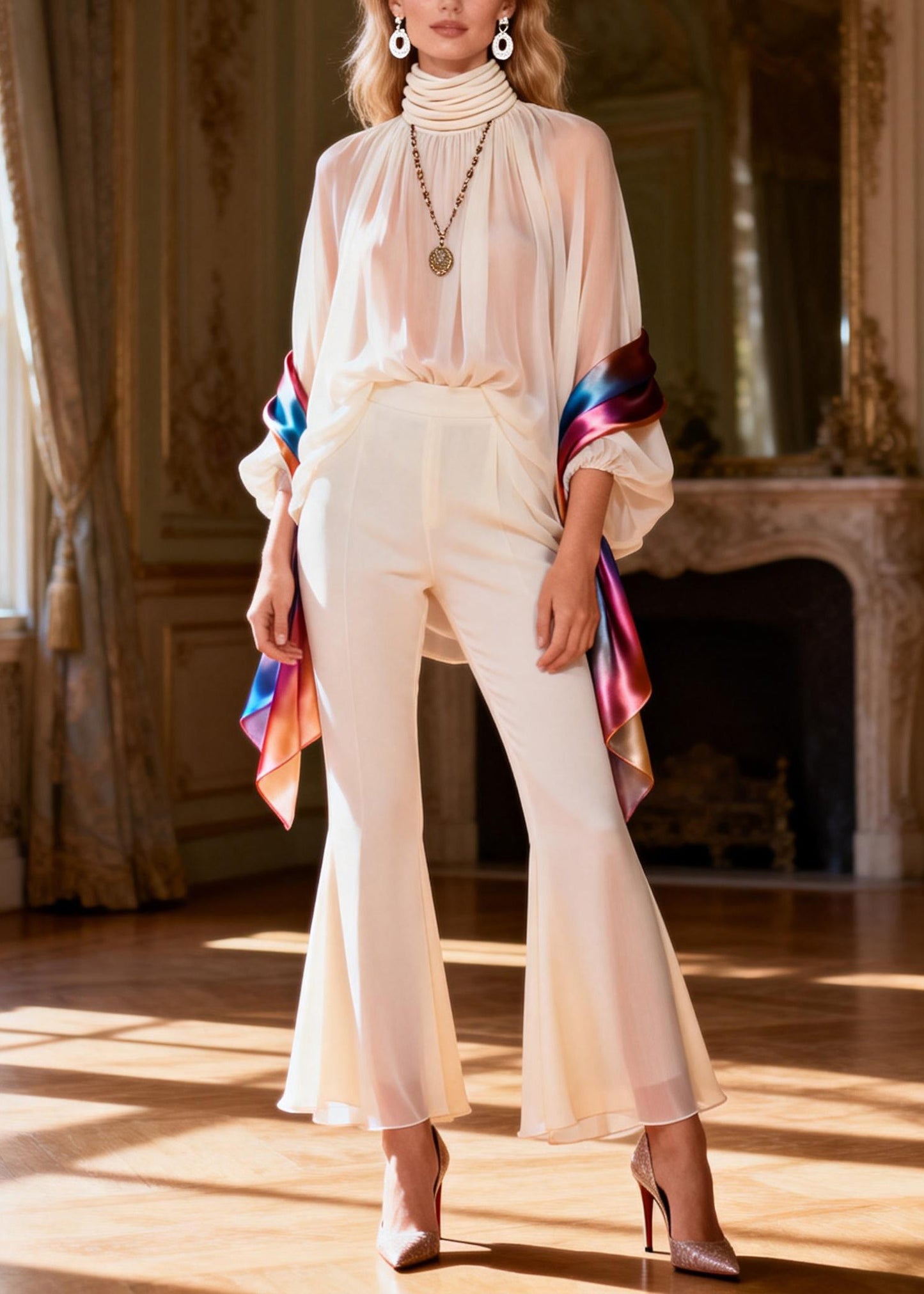 Chic Hign Neck Patchwork Silk Women Sets 2 Pieces Spring